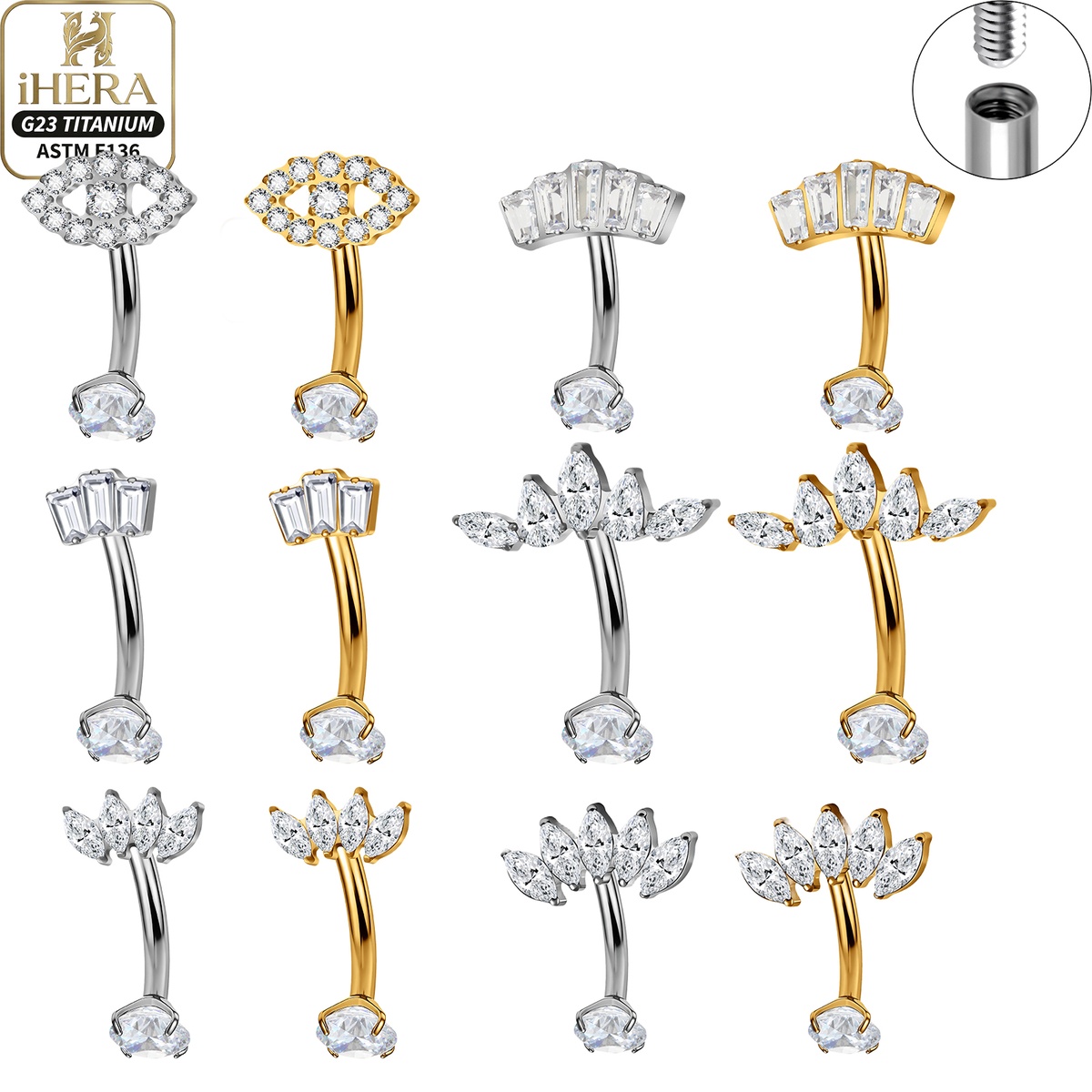 Eyebrow Curved Barbell - Classic Basic G23 Titanium Sparkly CZ